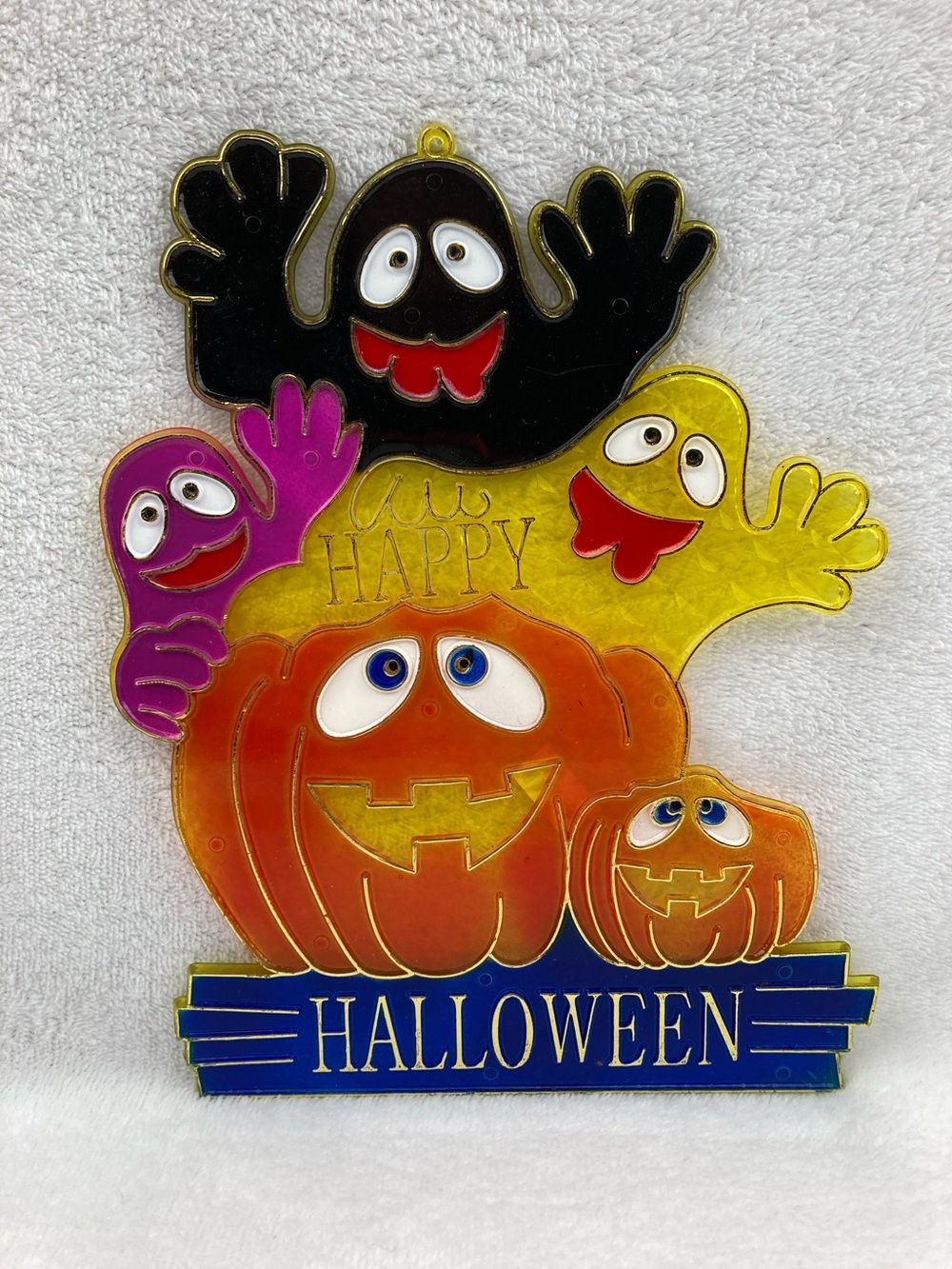 VTG HALLOWEEN GHOST & PUMPKIN HAPPY HALLOWEEN WINDOW SUN CATCHER 9”